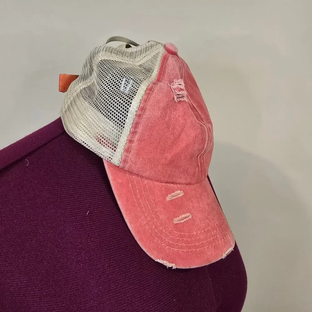 Women's Washed Denim with Crossed Elastic Band Mesh Pony Cap